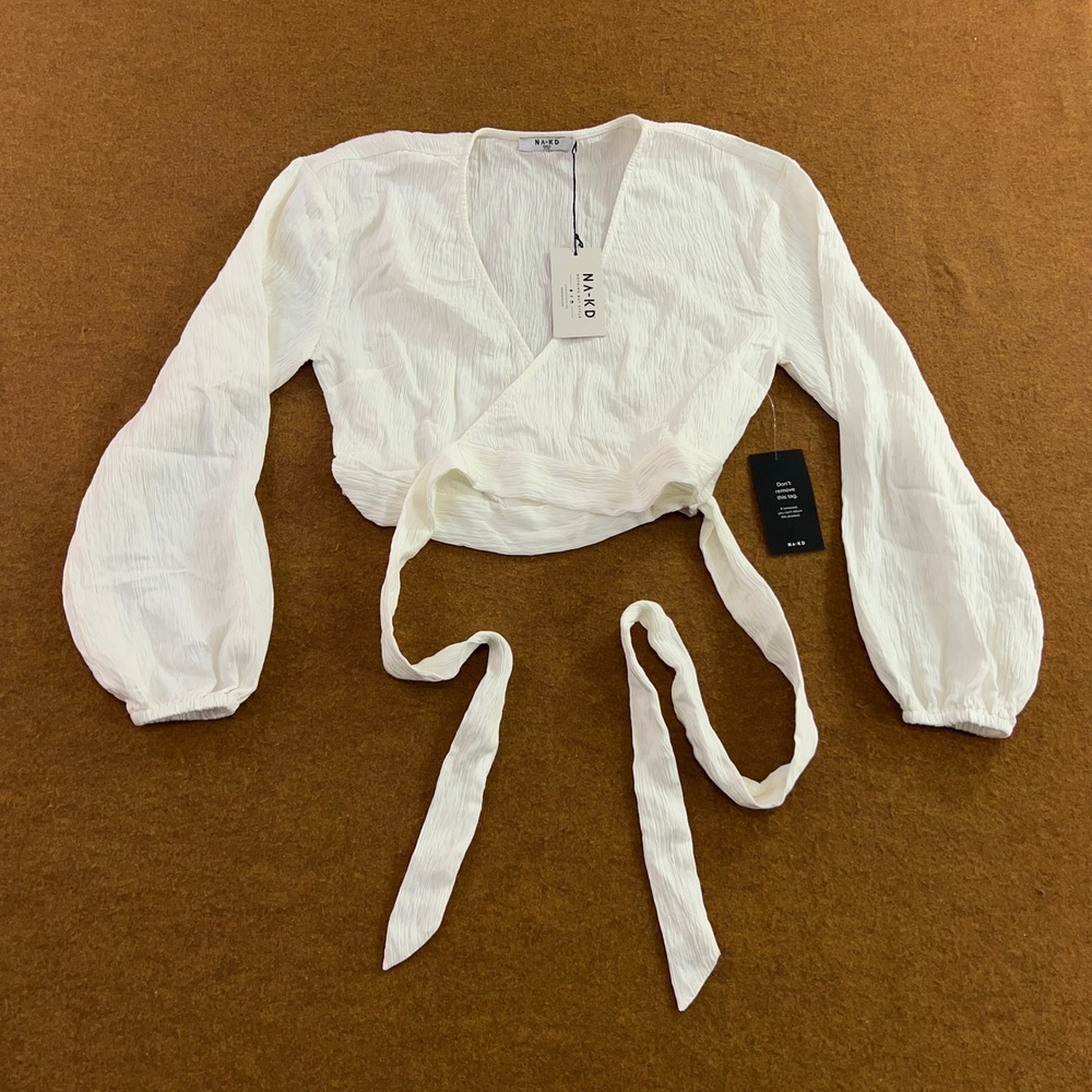 NA-KD Womens EU 38 US 6 White V-neck Overlap Tie Front Cropped Blouse NWT